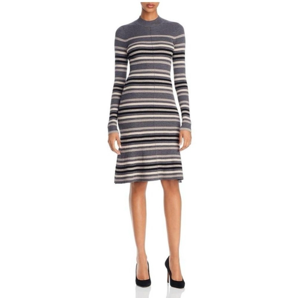 Theory Canonical Gray Wool Blend Mock Neck Striped Sweater Dress Size Small